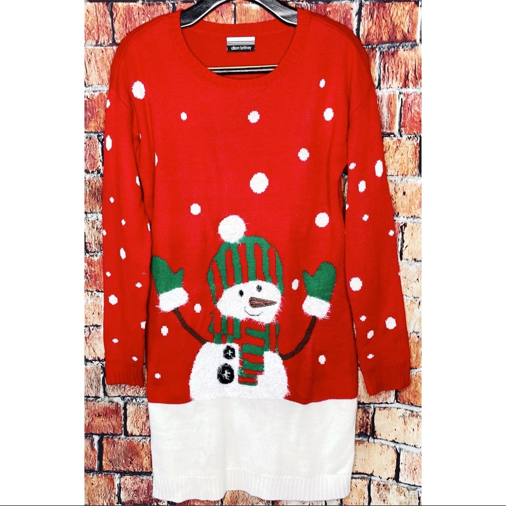 Allison Brittney Snowman Christmas Ugly Sweater Dress Medium Red Knit Holiday